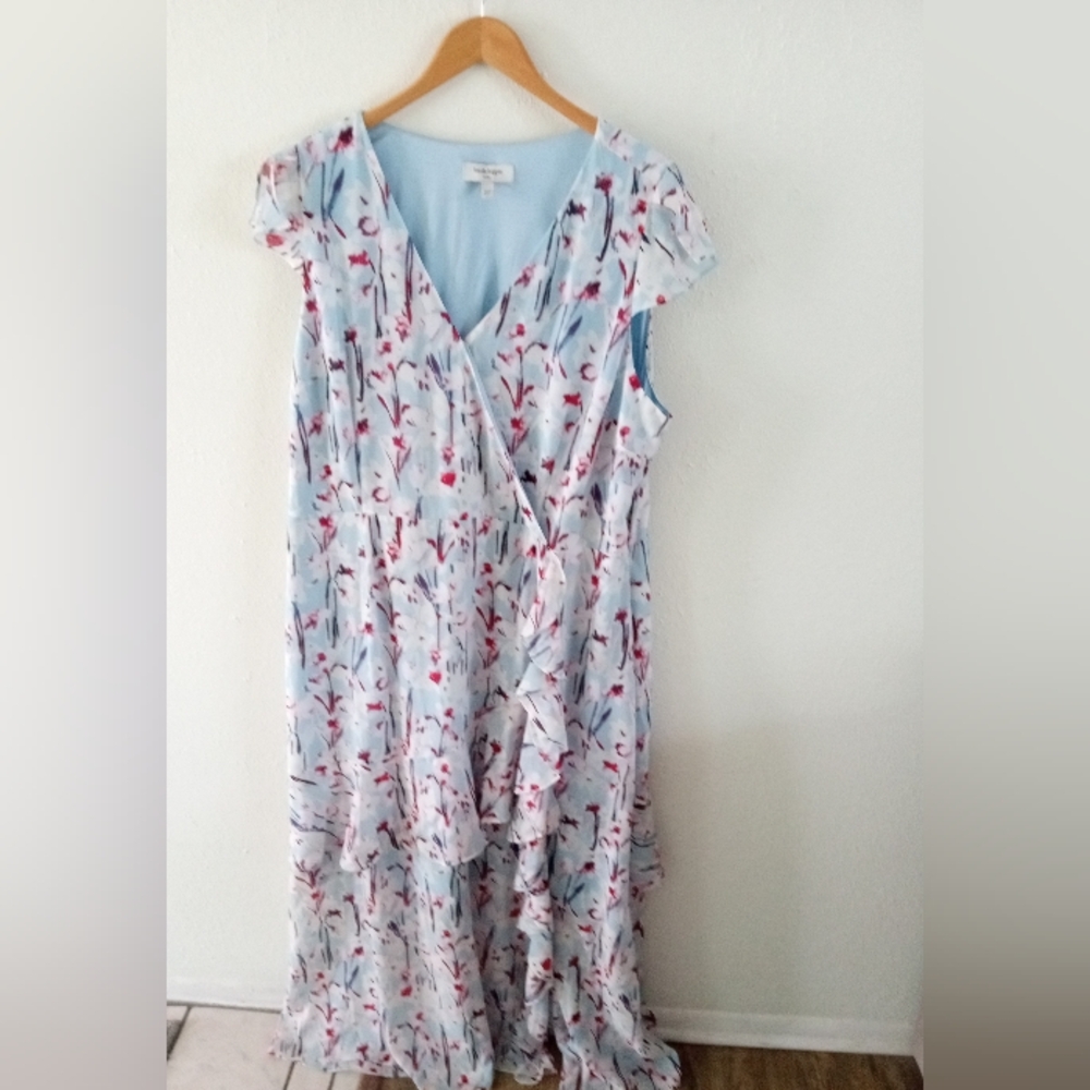 HAUTE HIPPIE Blue Sky Cherry Blossoms Ruffled Maxi Dress | XL - Picture 3 of 10